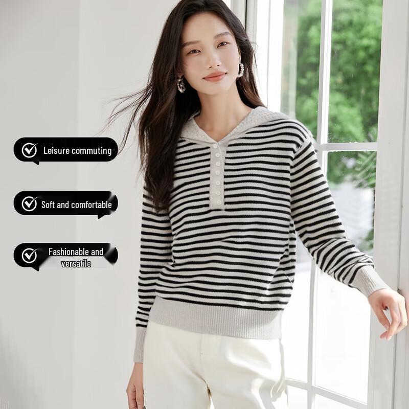 

Han Du Yi She Wool Blend Crochet Hooded Striped Sweater One Size F