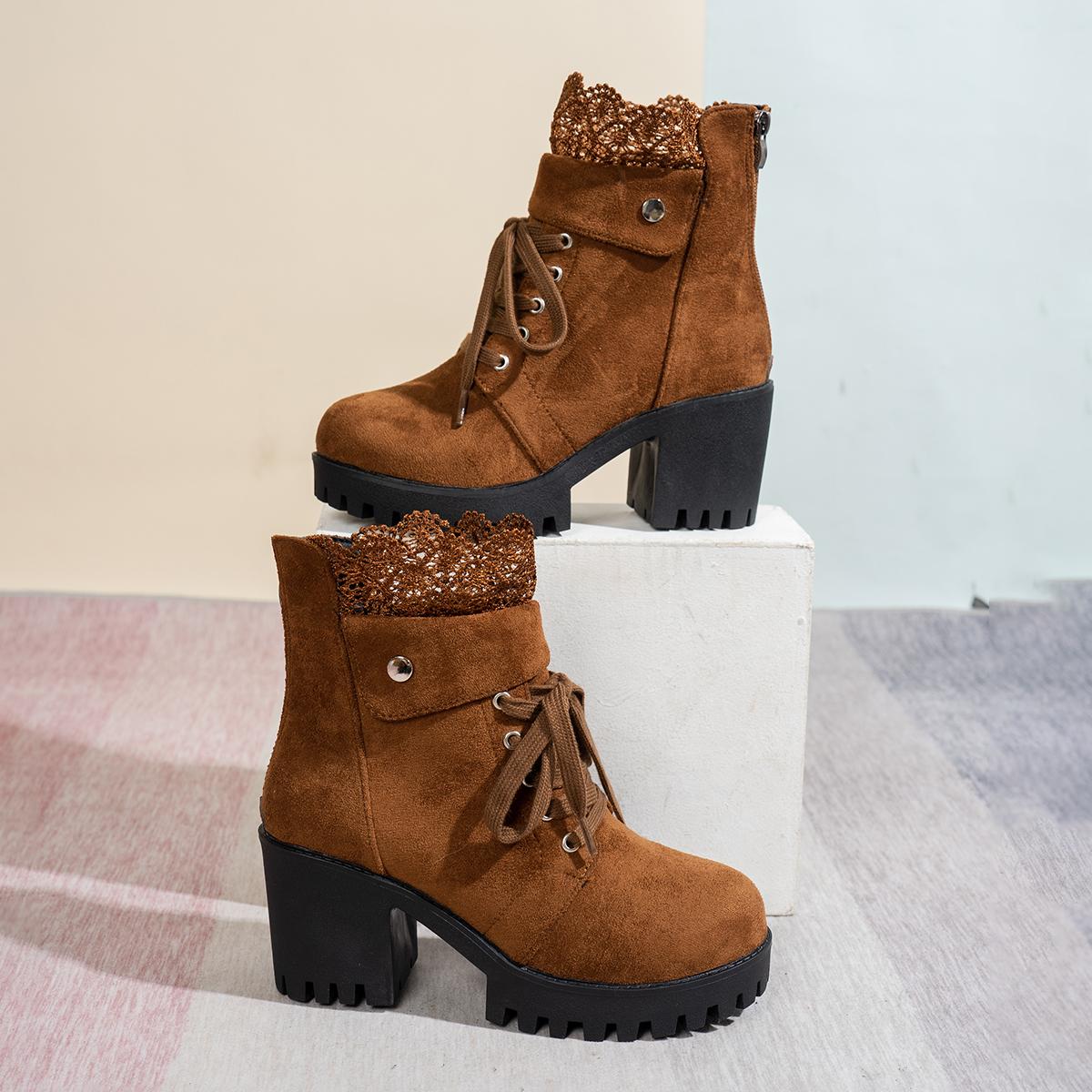 

Sexy Lace Patchwork Thick Bottom High Heel Ankle Boots Chunky Platform Thick Heel Suede Short Boots Retro Wine Red Women s Shoes 43 коричневый