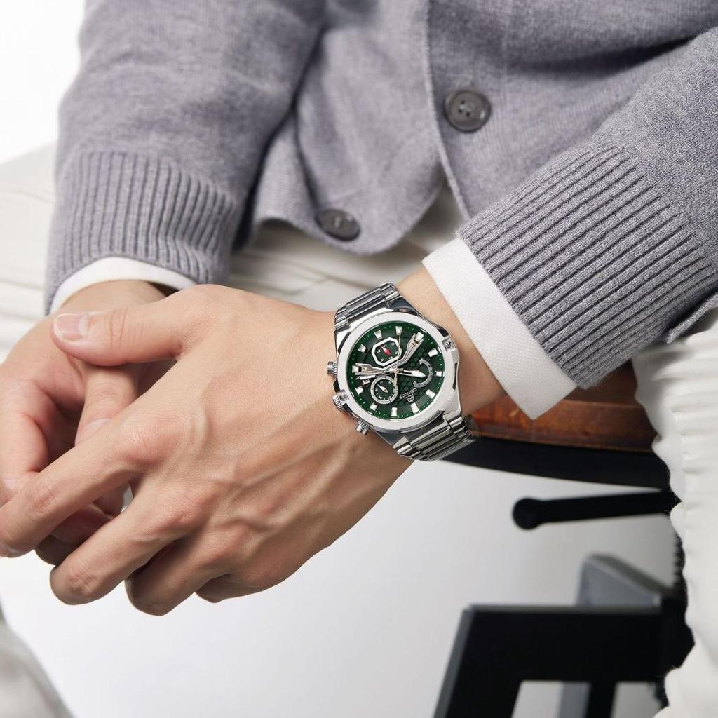 Mens Quartz Watch Waterproof Luminous Display Week/Date Stainless Steel Strap Casual Wristwatches