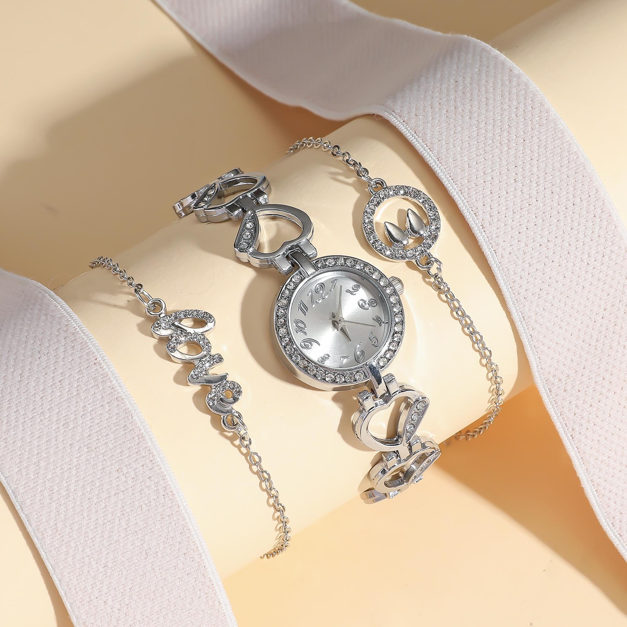 

No gift box; Fashion diamond-studded versatile heart-shaped water diamond English watch diamond-studded bracelet 3-piece set серебряный