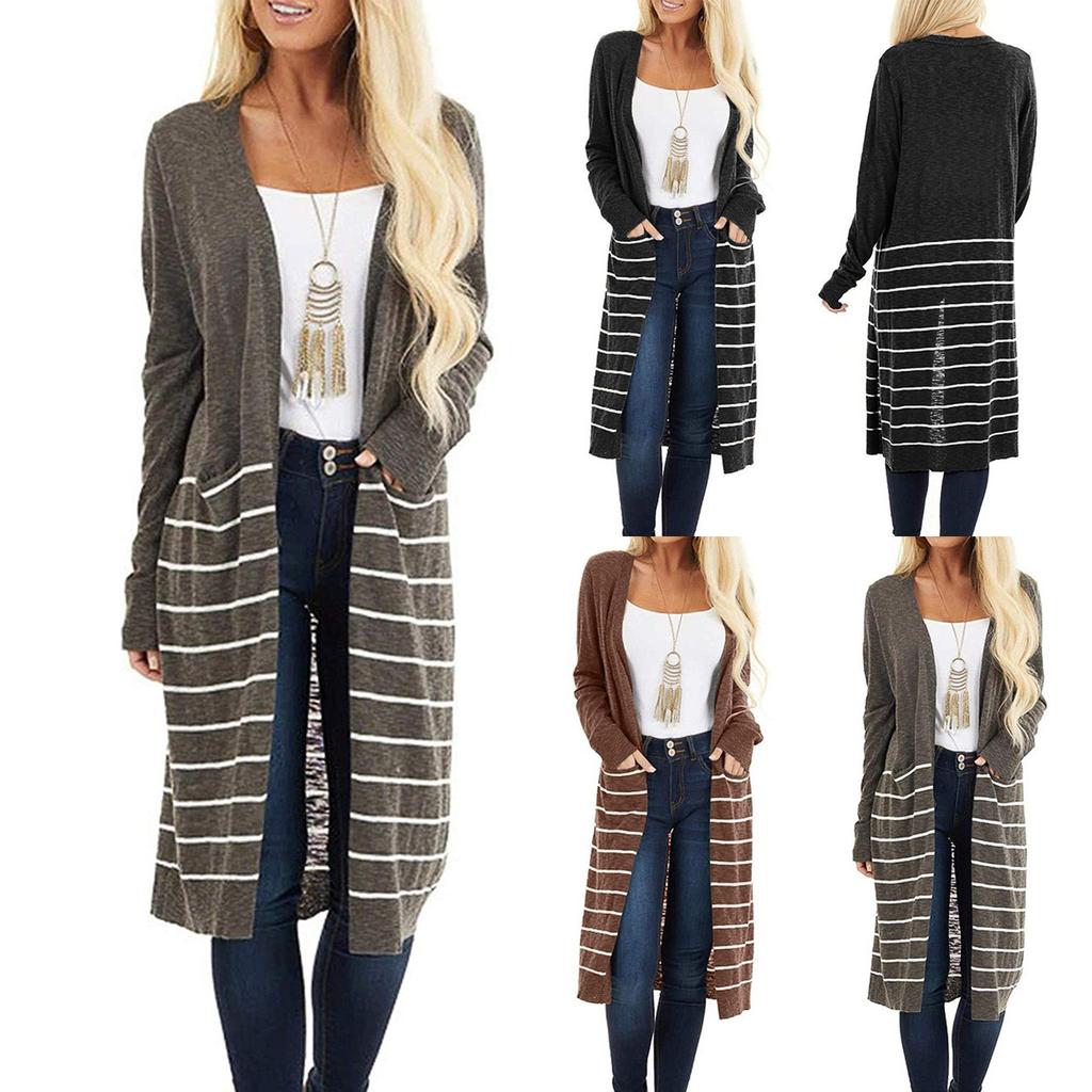 Ladies Fashion Casual Stripe  Loose Print Long Sleeve Long Cardigan Coat