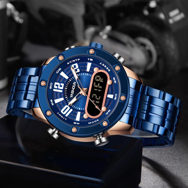 Yashidun Men's Luminous Dual Display Waterproof Quartz Watch with Steel Band