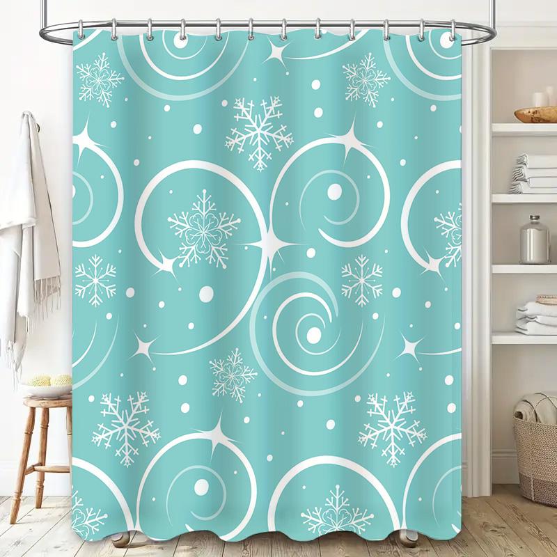 Winter Shower Curtain Set: Aqua Snowflakes Spirals Waterproof Fabric for Bathtub or Bathroom Decor (Set of 2)