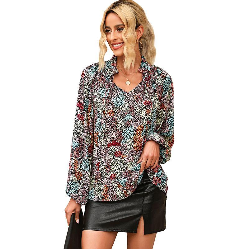 American Acelitt Thin Floral Print Long Sleeve Pullover Shirts Women Summer Loose Casual V-neck Top Women