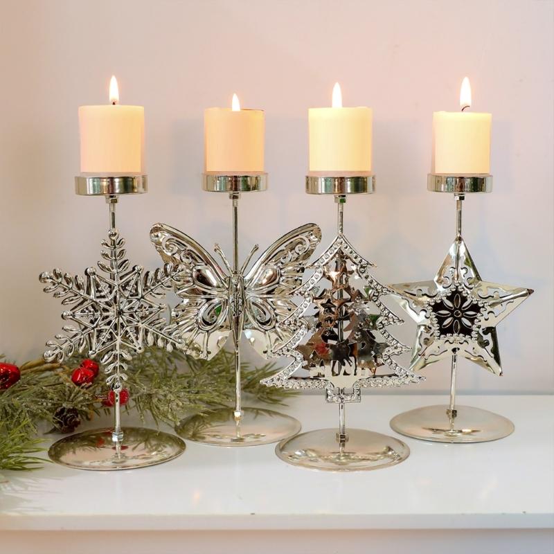 Iron Candle Holders Stand with Christmas Snowflake Star Butterfly Tree Pattern Candlestick for Home Tabletop Decoration