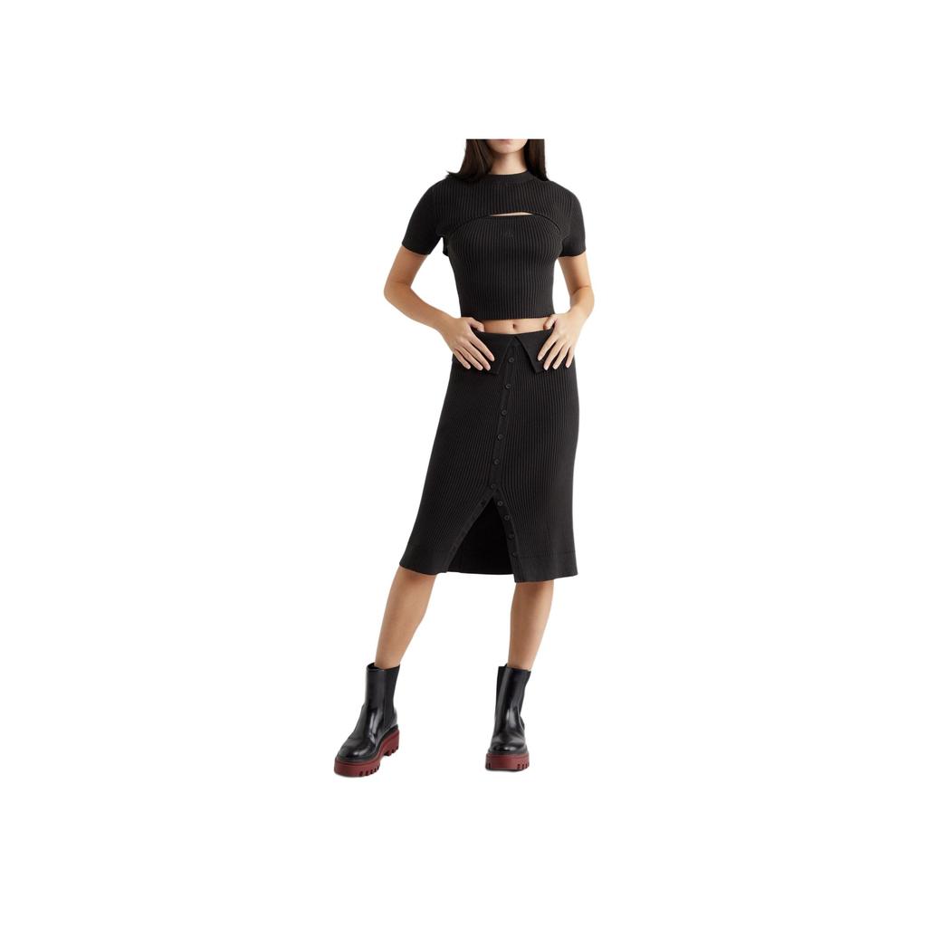 Calvin Klein Solid Color Folded Ribbed Knit Casual Long Skirt Women skirts Black J223352-BEH