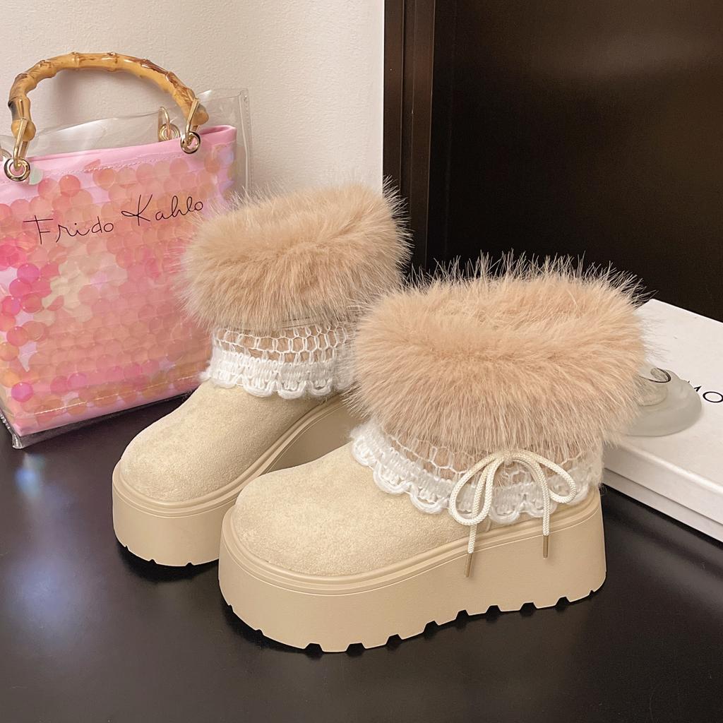 Fashion retro millennial style plush snow boots women's winter new thick-soled heightening cotton shoes
