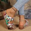 Spring New Women's Shoes Double-breasted Printed Sandals Round Head Wedge Heel Large Size Women's Slippers