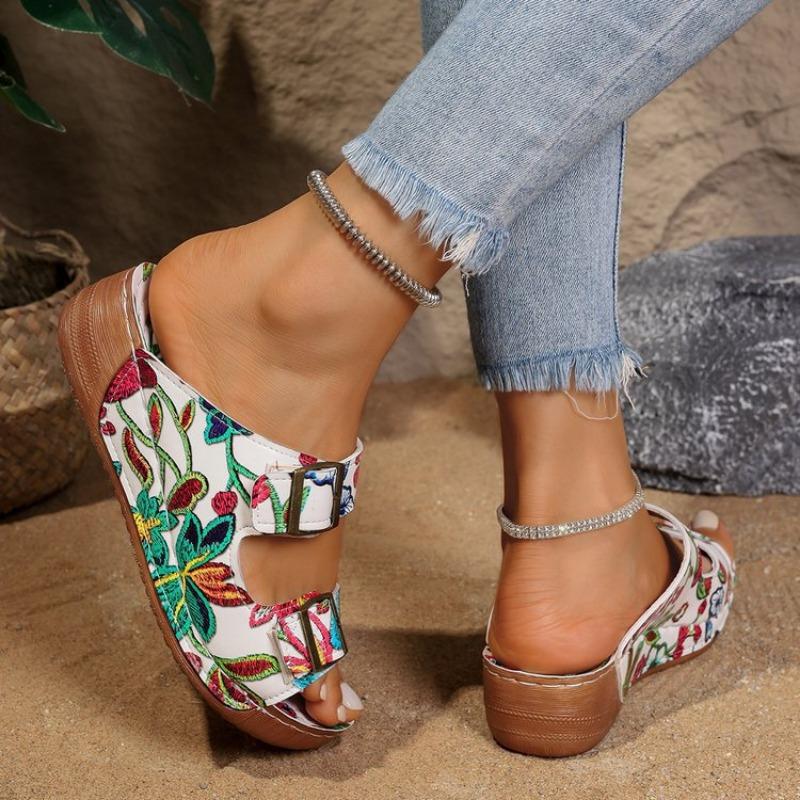 Spring new women's shoes double-breasted printed sandals round head wedge heel large size women's slippers