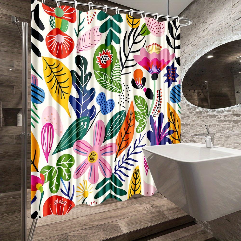 1pc Vibrant Tropical Botanical Floral Shower Curtain - Nature-Inspired Design with Artful Leaves and Blossoms