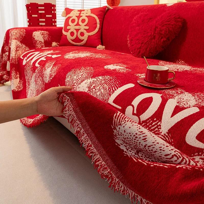 Christmas Style Couch Covers for Sofas Living Room New Year Decoration Chenille Red Throw Blanket Winter Universal Slipcovers