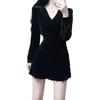 Mature Women's Velvet Short Black Dress - Autumn/Winter Figure-Flattering Birthday Gown