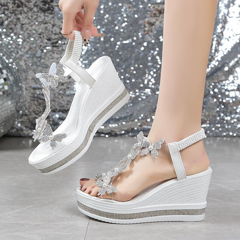 Summer New Large Size Women's Wedge Heel Sandals Bow Foot Muffin Rhinestone Bottom Fish Mouth Sandals