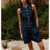 round Neck Sleeveless Gold Button Decoration Denim Vest 6164109 Denim Pleated Belt Shorts 6164112