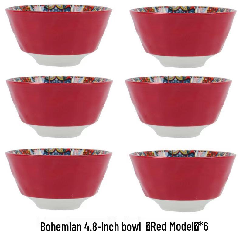 Bohemian Ceramic Rice Bowl Set - High-Temp Resistant, Colorful Underglaze Design