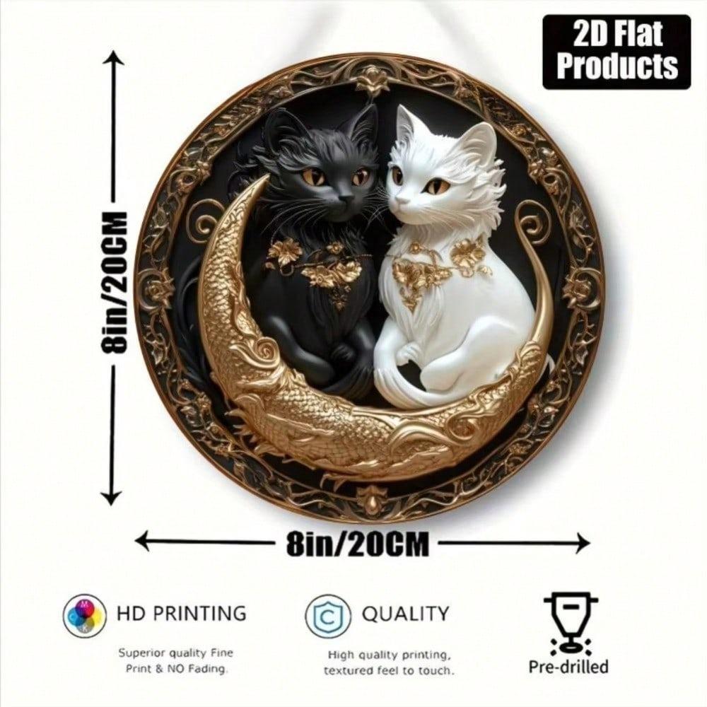 Circular Black & White Cat Wall Art Plaque – Decor for Bars, Kitchens, Cafés, Bedrooms, Living Rooms & Offices