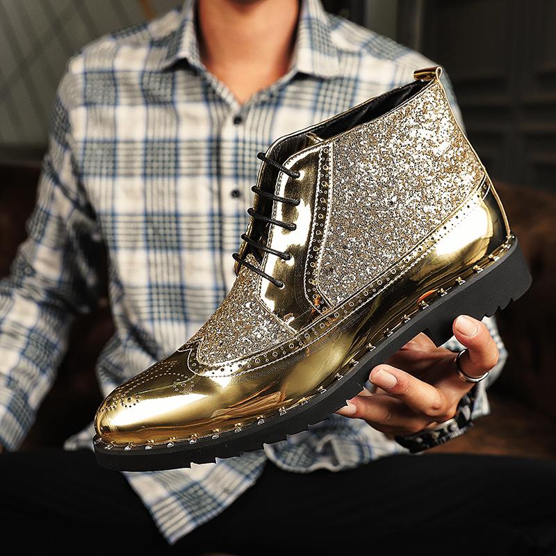 Fashion Designer Luxury Metal Pointed Toe Fashion Men Boots Rivet Sequins Leather Lace Up High Heels Ankle Boots Male Party Dress Shoes