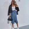 Women High Waist Pocket Single- Breasted Package Hip Jean Denim Skirt