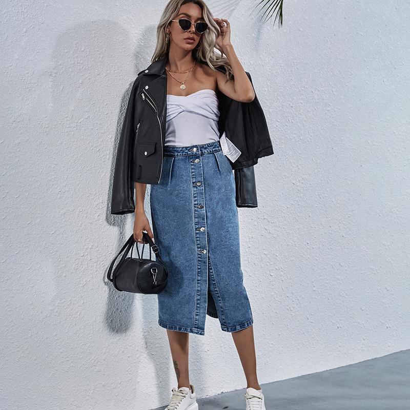 Women High Waist Pocket Single- Breasted Package Hip Jean Denim Skirt