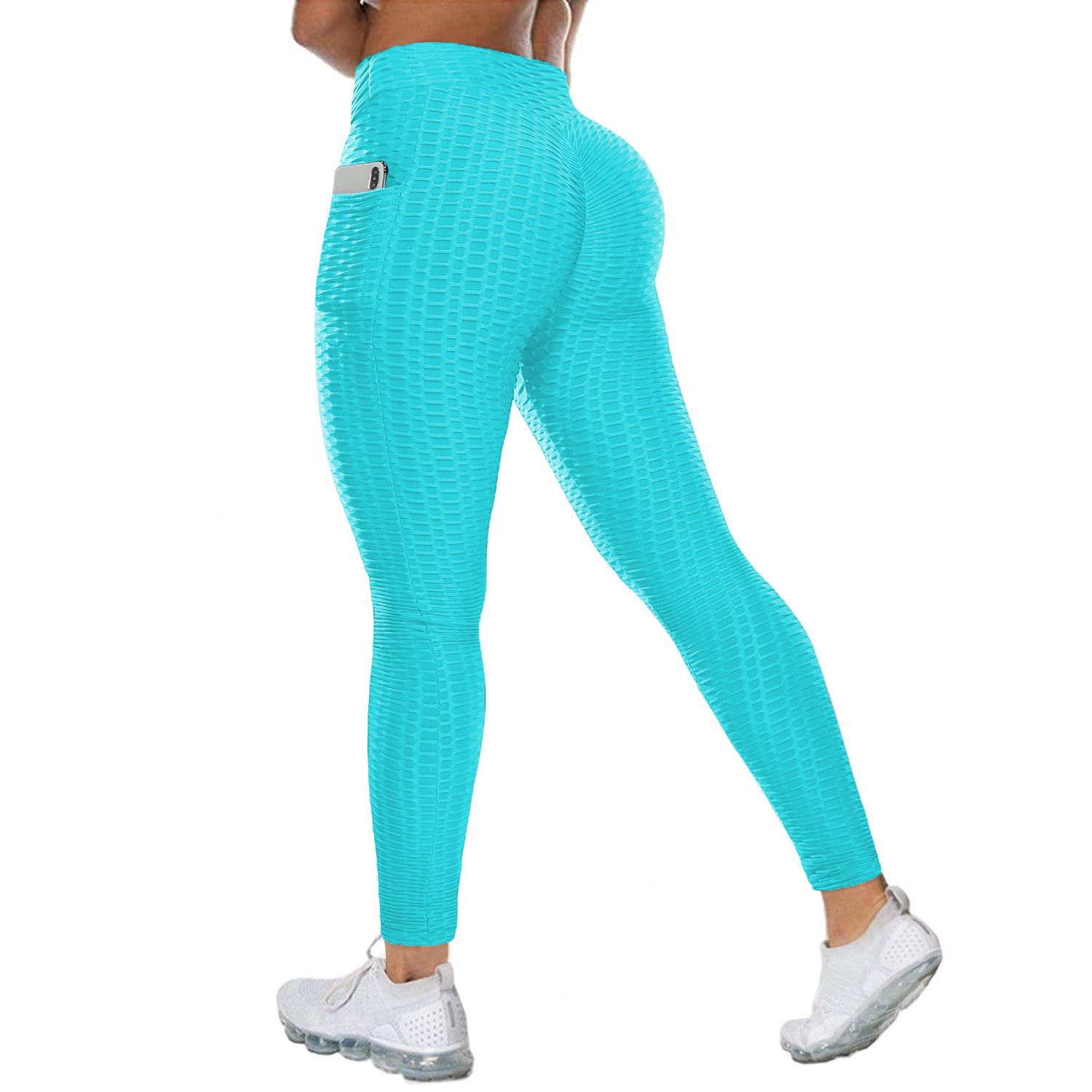 

Штани для йоги з високою талією та кишенями, антицелюлітні рюші, легінси, що підтягують сідницю, текстуровані легінси для тренувань. XL озеро синього кольору