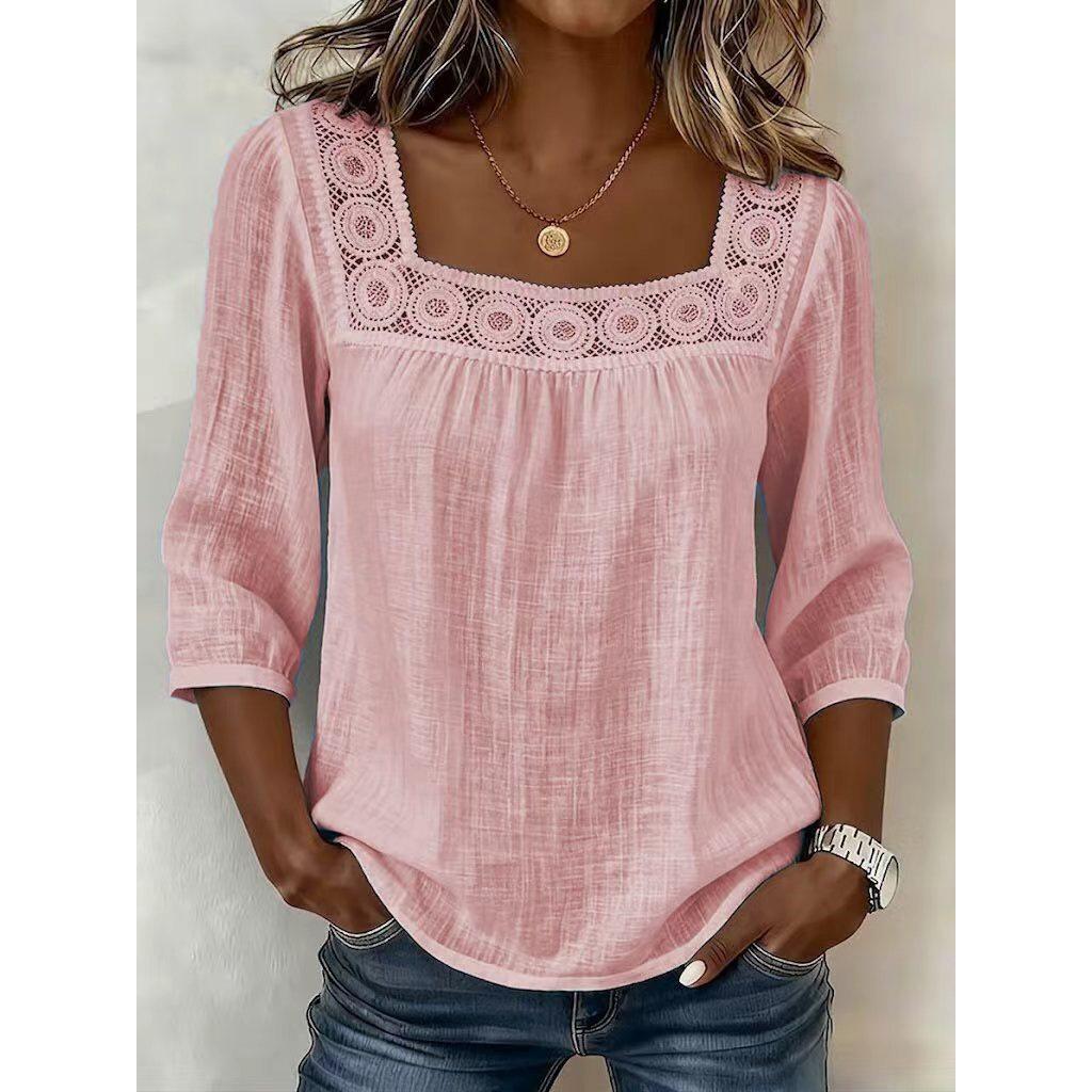 Dames Zomer Vierkante Hals Kantafwerking Top – 3/4 Mouw Katoen Linnen Blouse, Effen Kleur Casual Shirt