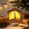 Natural Log Craft Gifts 3D Wooden Light Up Christmas Ornament, Layered House Tree Snowman Wood Engraving Decor Nativity Scene Hanging Decoration