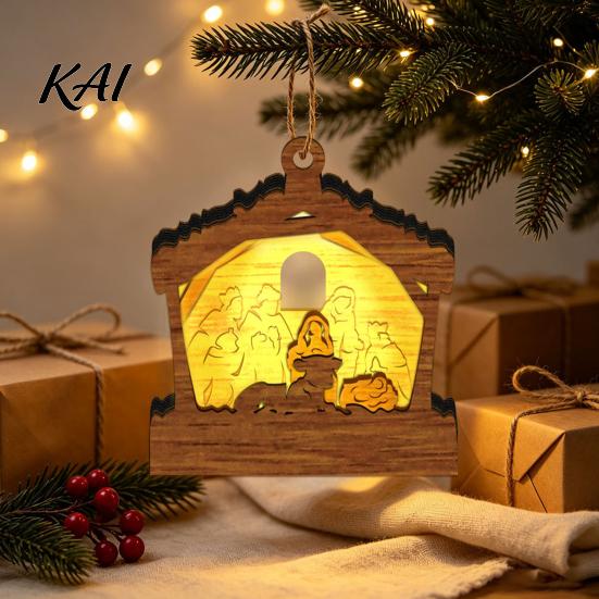 Natural Log Craft Gifts 3D Wooden Light Up Christmas Ornament, Layered House Tree Snowman Wood Engraving Decor Nativity Scene Hanging Decoration