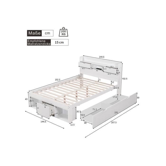 Lit double - MUVOE - 140x190 cm - Port USB - Grand espace de rangement - Blanc
