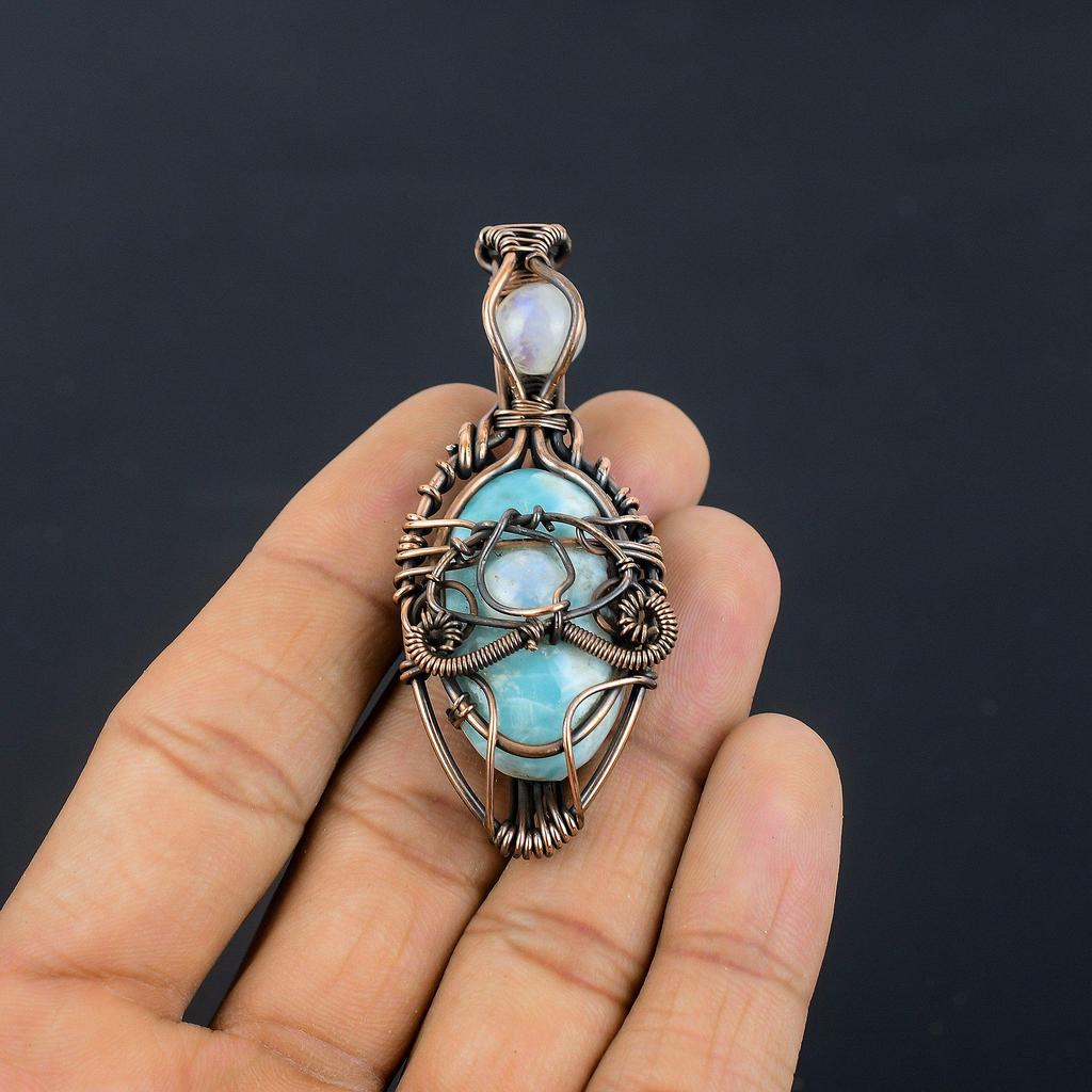 Larimar Pendant Gemstone Jewelry, 999 Copper Wire Wrapped Pendant, Handmade Jewelry Birthstone Pendant, Gift For Him