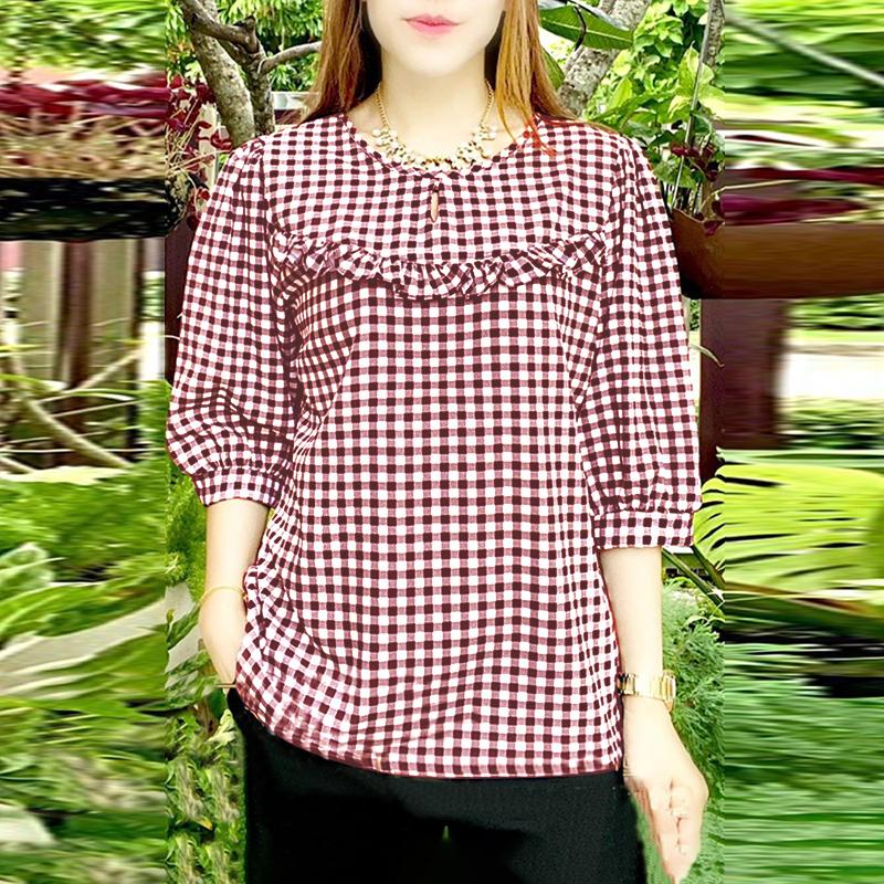 

ZANZEA Женские летние блузки в клетку с круглым вырезом и рукавом 3/4 S