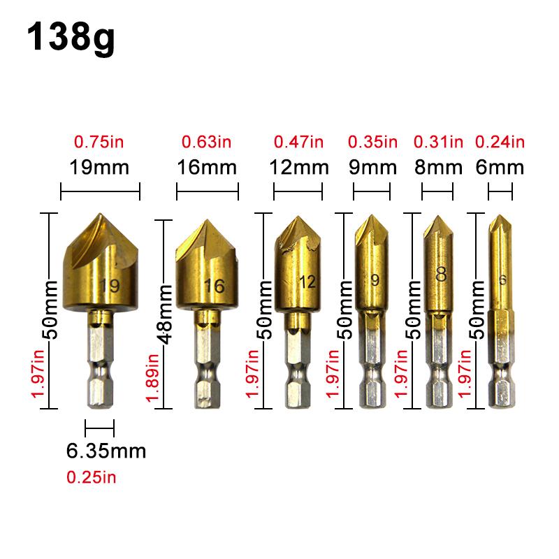 6PC Hexagonal Handle Titanium Plated Five Edge Chamfering Knife Countersunk Drill 6-19mm Woodworking Spot Facer Tool Set