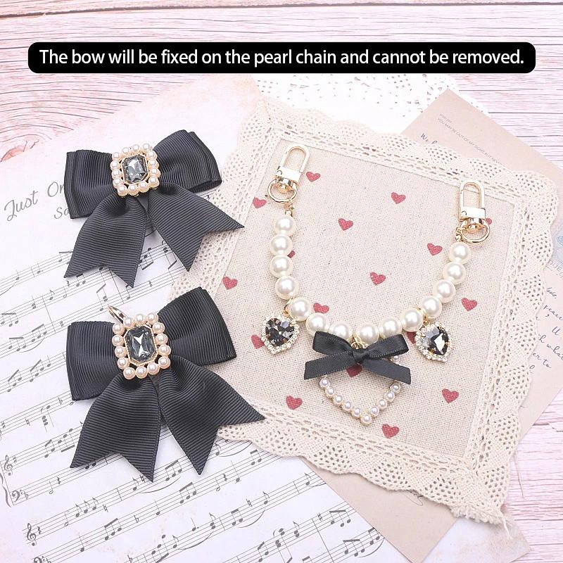 Handmade Bow Pearl Rhinestone Heart Pendant Charm Bag Accessories Japanese Sweet Lolita Style DIY Bag Chain Decoration
