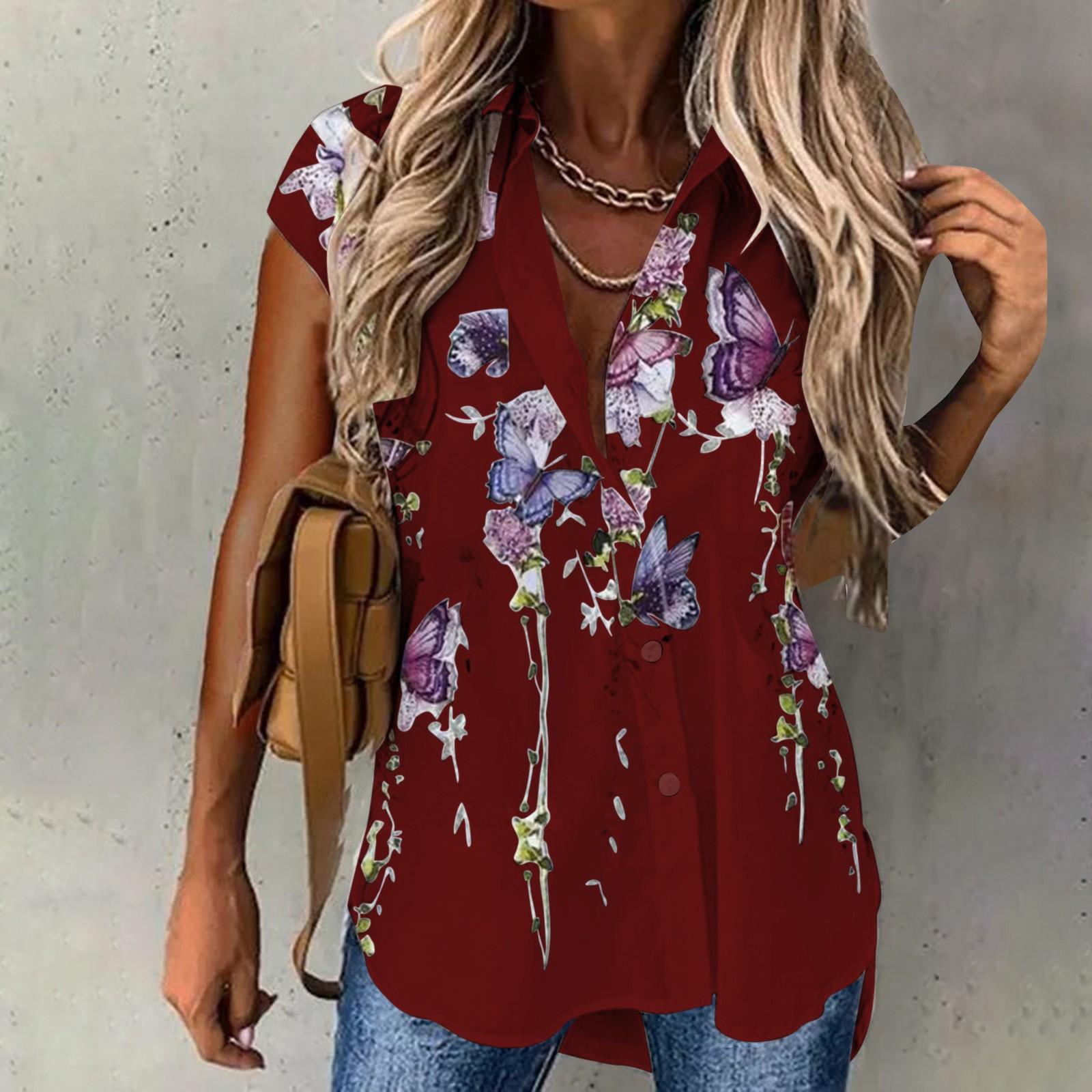 

(SU)Женская мода, летняя повседневная свободная рубашка с короткими рукавами с лацканами и принтом, топ XXXL красный