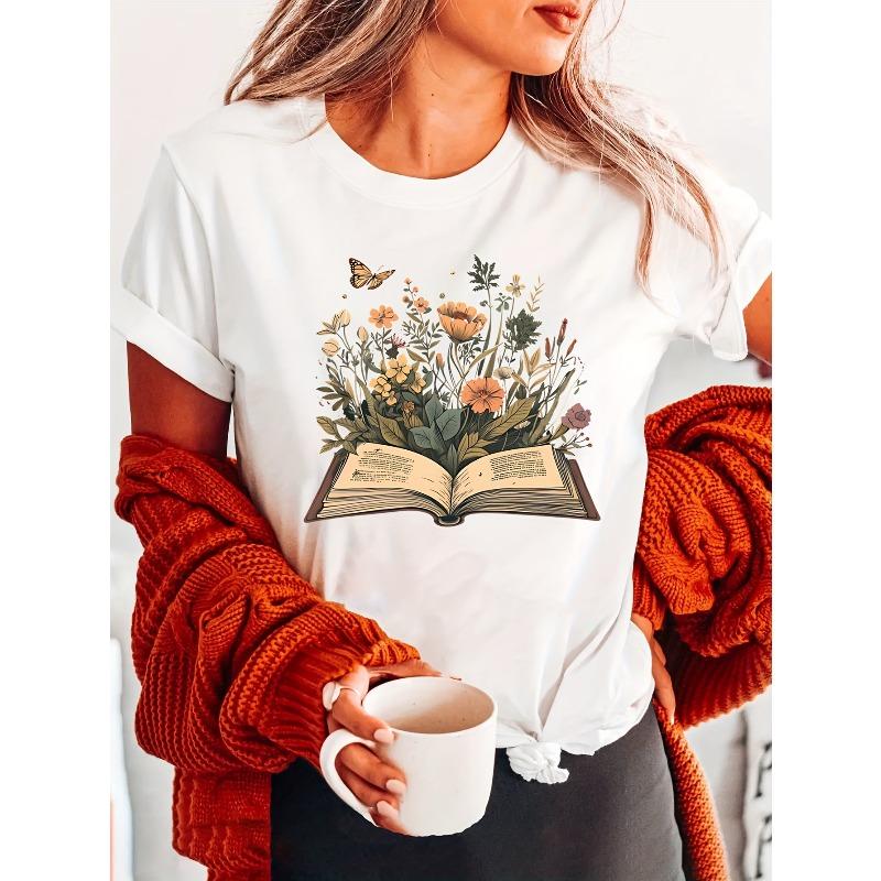Book Lover Print Crew Neck T-shirt, Short Sleeve Casual Top For Summer & Spring, Women's Clothing