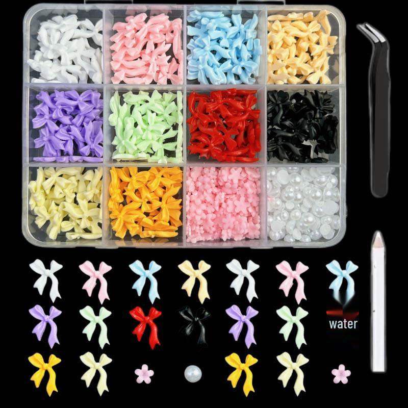 

12-Grid Box: Pearl Rose Bow Nail Art Decorations & Resin DIY Ornaments