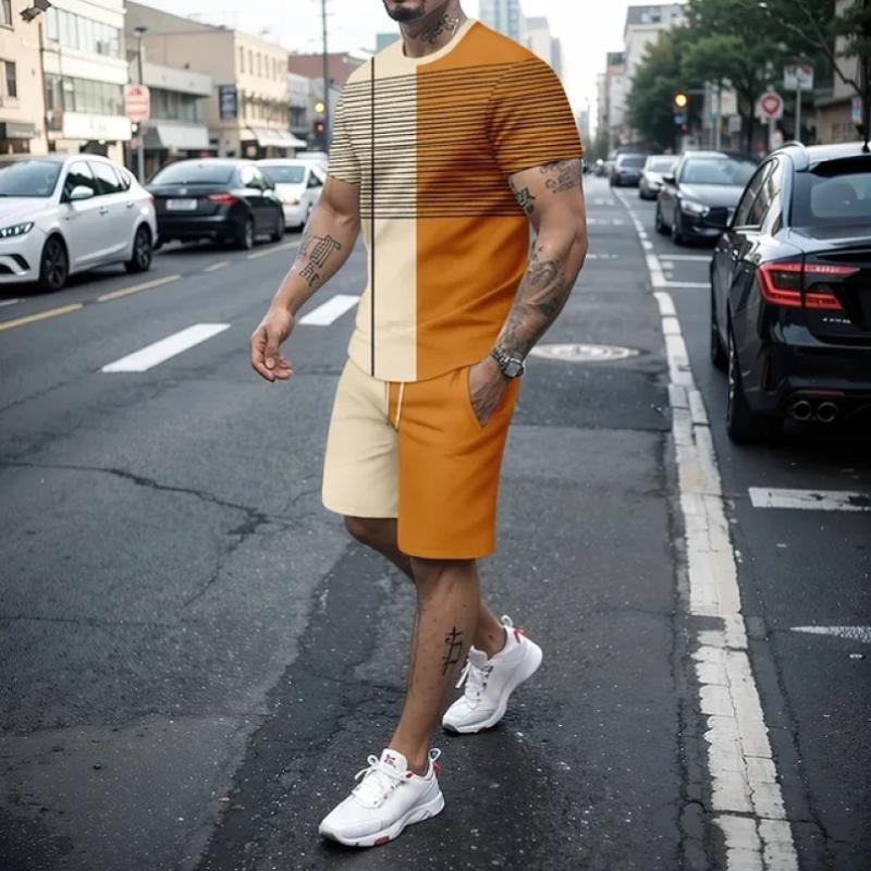 Boutique3D îmbinare modă retro pantaloni scurți bărbați set sport 2 piese îmbrăcăminte stradală tricou cu mânecă scurtă+pantaloni scurți îmbrăcăminte bărbați