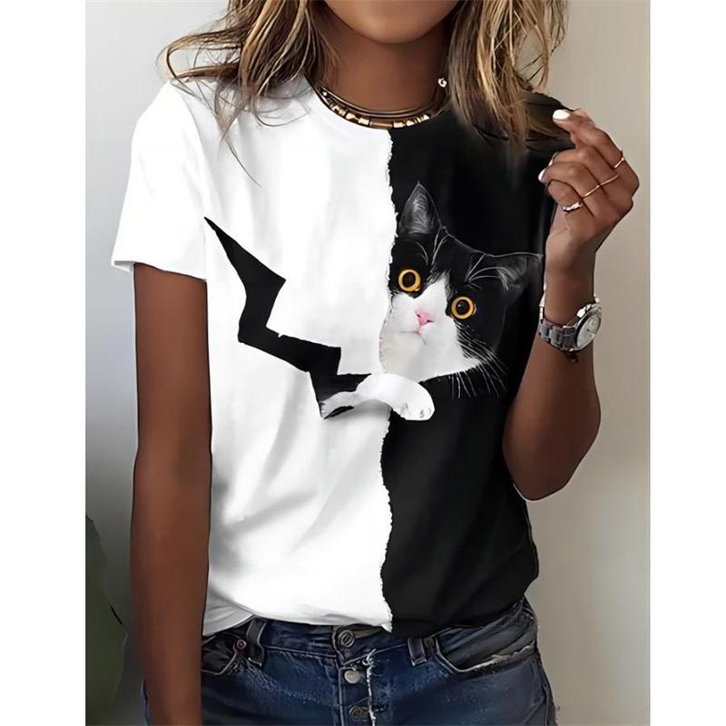 Sommer Damen T-Shirt Kawaii 3D Katze Gedrucktes T-Shirt Damen Mode Kurzarm Oberteil