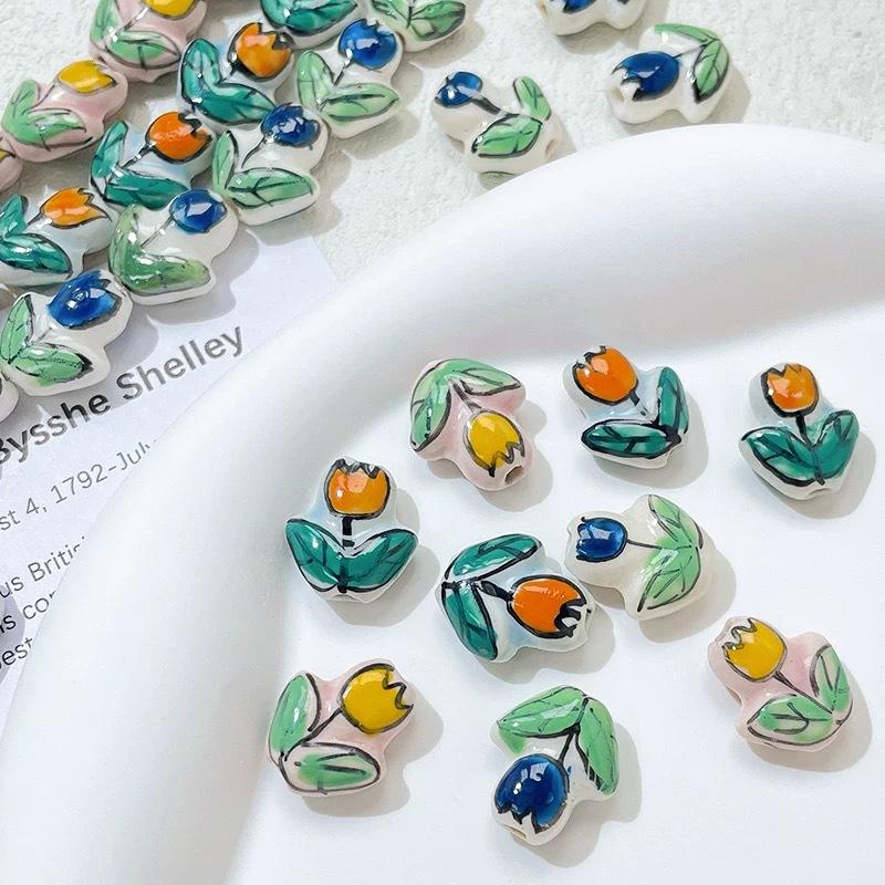 Ceramic Hand-painted Printed Tulip Perforated DIY Jewelry Bracelet Necklace Earrings Bead Accessories