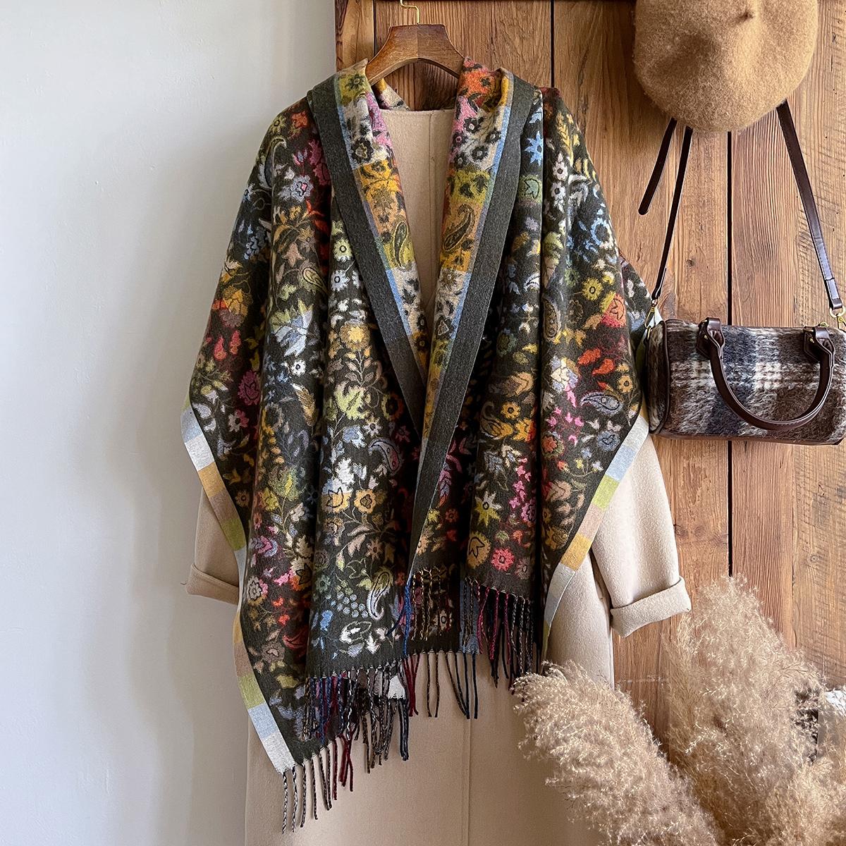 

Женский стильный шарф-снуд из искусственного кашемира с цветочным принтом, зимний теплый двусторонний толстый уютный платок, национальный узор, одеяло
