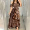 (SU)Womens Leopard Print Strapless Short Sleeve Beach Casual Long Dress