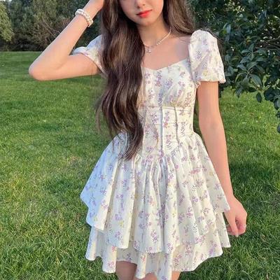 Summer New Gentle Stylish Dress Waist Slim Effect Featuring Single Neckline Bubble Sleeves Fluffy Princess Floral