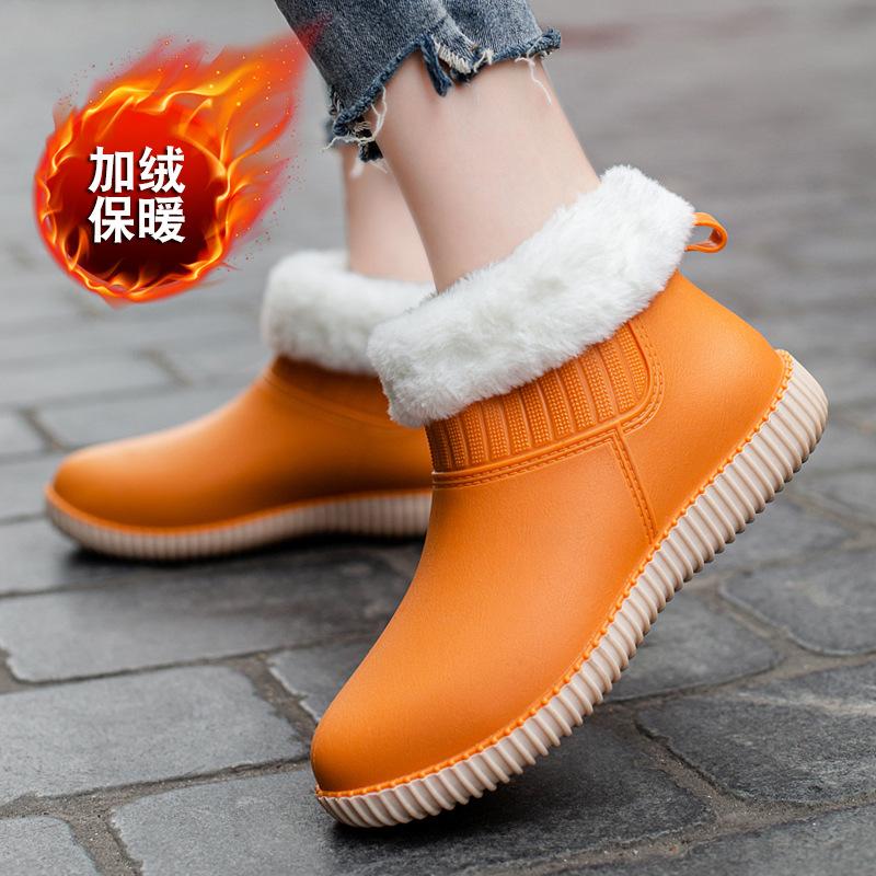 Rain Shoes Women's Low-top Waterproof Shoes Fleece Integrated Molding Non-slip Sole Work Rubber Shoes Fashion Overshoes Versatile