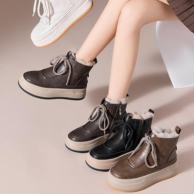Women's Winter Chunky Platform Snow Boots Lace-Up Non-Slip Warm Fur Lined Ankle Booties Comfortable Fuzzy Walking Shoes Leather Short Boot for Women