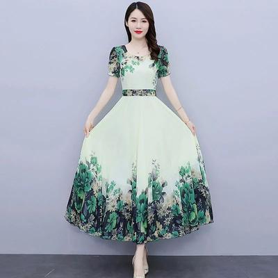 Women's Elegant Floral Print Chiffon Midi Dress Short Sleeve A-line Swing Casual Summer Dress