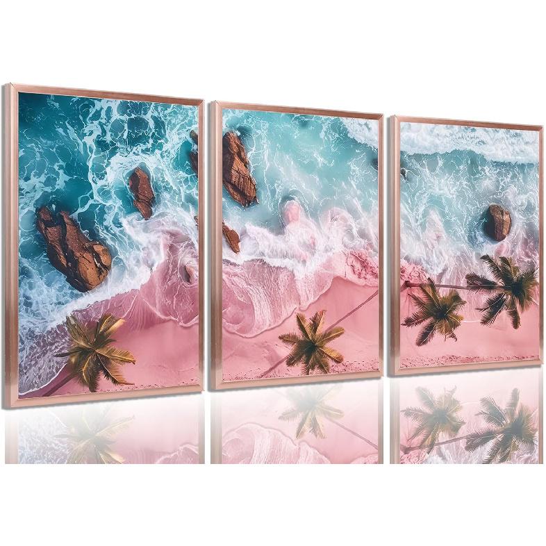 3Pcs Pink Beach Canvas Wall Art Tropical Coastal Palm Trees Wall Decor Pictures Preppy Ocean Wave Landscape Posters Prints for Living Room Bedroom