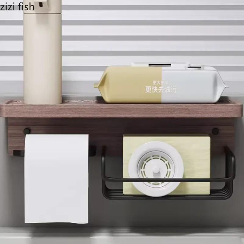 Wooden Metal Tissue Holders Non Punched Toilet Paper Holder Wall Shelf Napkin Holder Roll Paper Holders Tissue Storage Rack