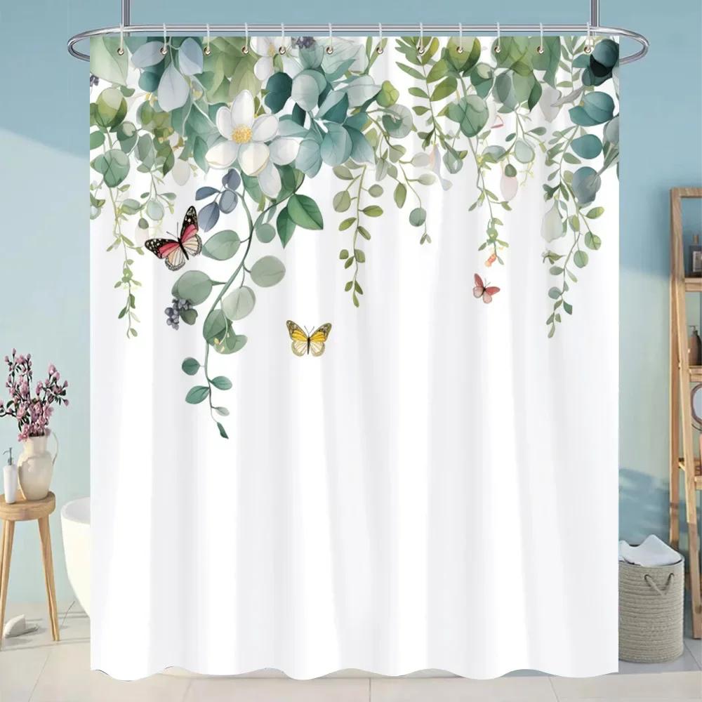 Botanical Floral Bathroom Curtains Tropical Green Leaf Butterfly Nature Landscape Polyester Fabric Shower Curtain Bathroom Decor