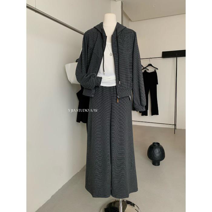 

Женский осенний спортивный повседневный худи на молнии и комплект брюк с широкими штанинами - Ленивый стиль, двойка XL