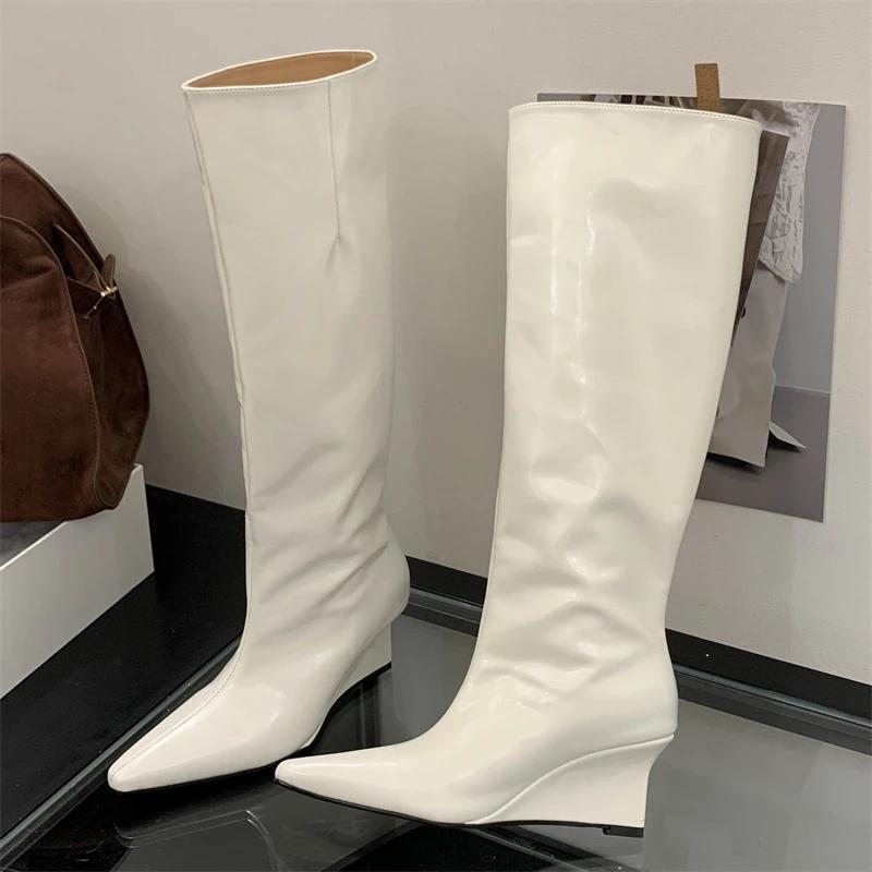 Eilyken Autumn Winter Design Pointed Toe Women Knee High Boots Ladies Shoes Wedges Heels Modern Long Booties Largas Mujer