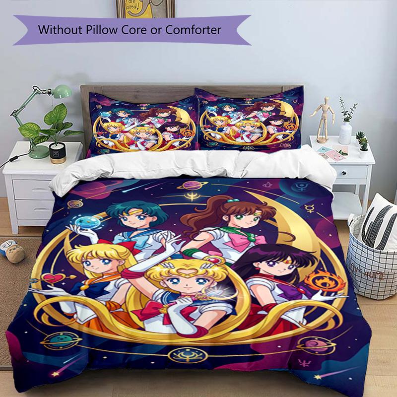 Zestaw 3 poszewek na kołdrę (1*Poszwa na kołdrę + 2*Poszewka na poduszkę, bez rdzenia), Pościel z nadrukiem Sailor Moon, Wystrój sypialni, Na każdą porę roku, Prezent urodzinowy